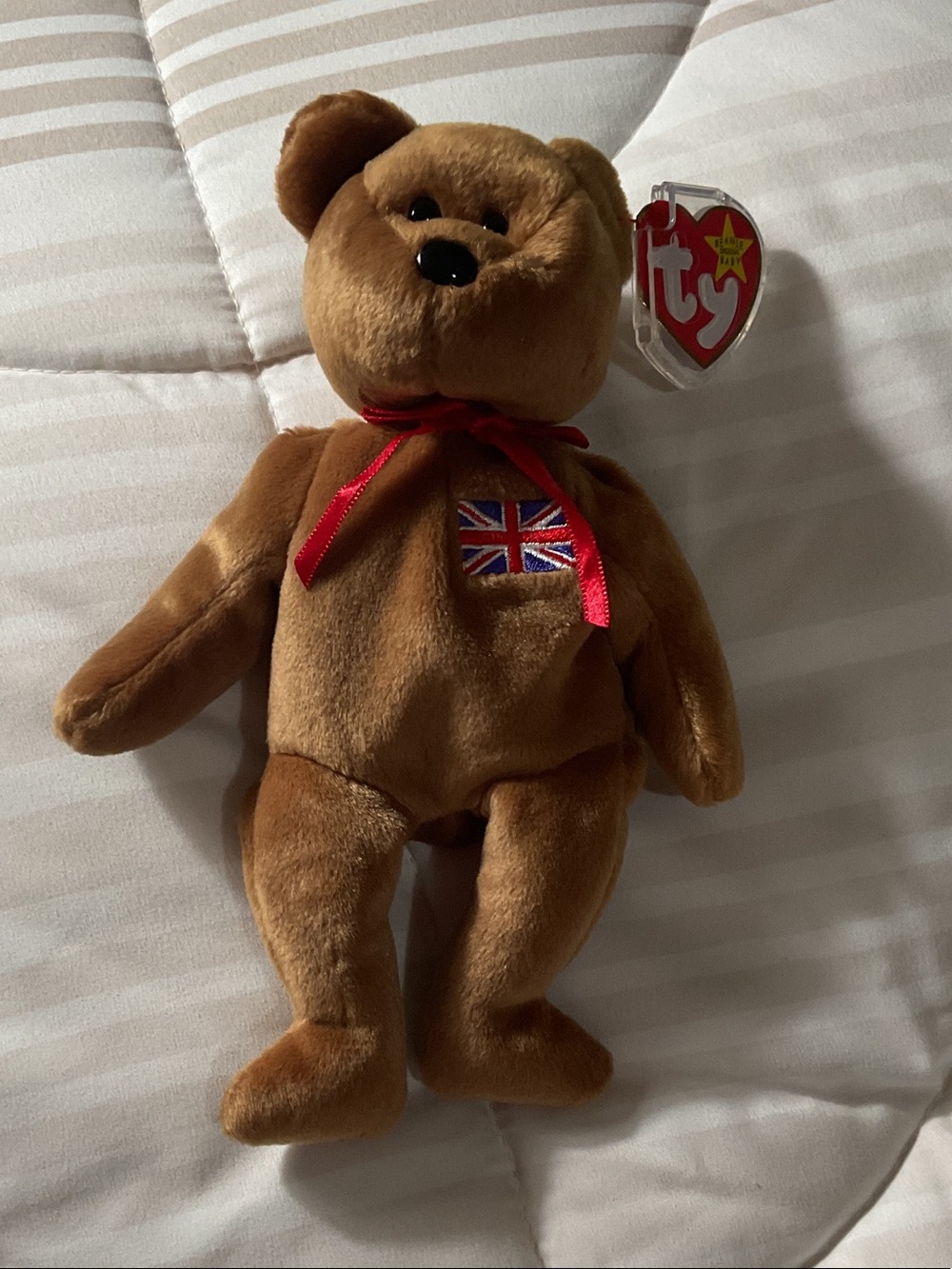 Ty Brown Bear Plush with Union Jack Patch and Red Ribbon